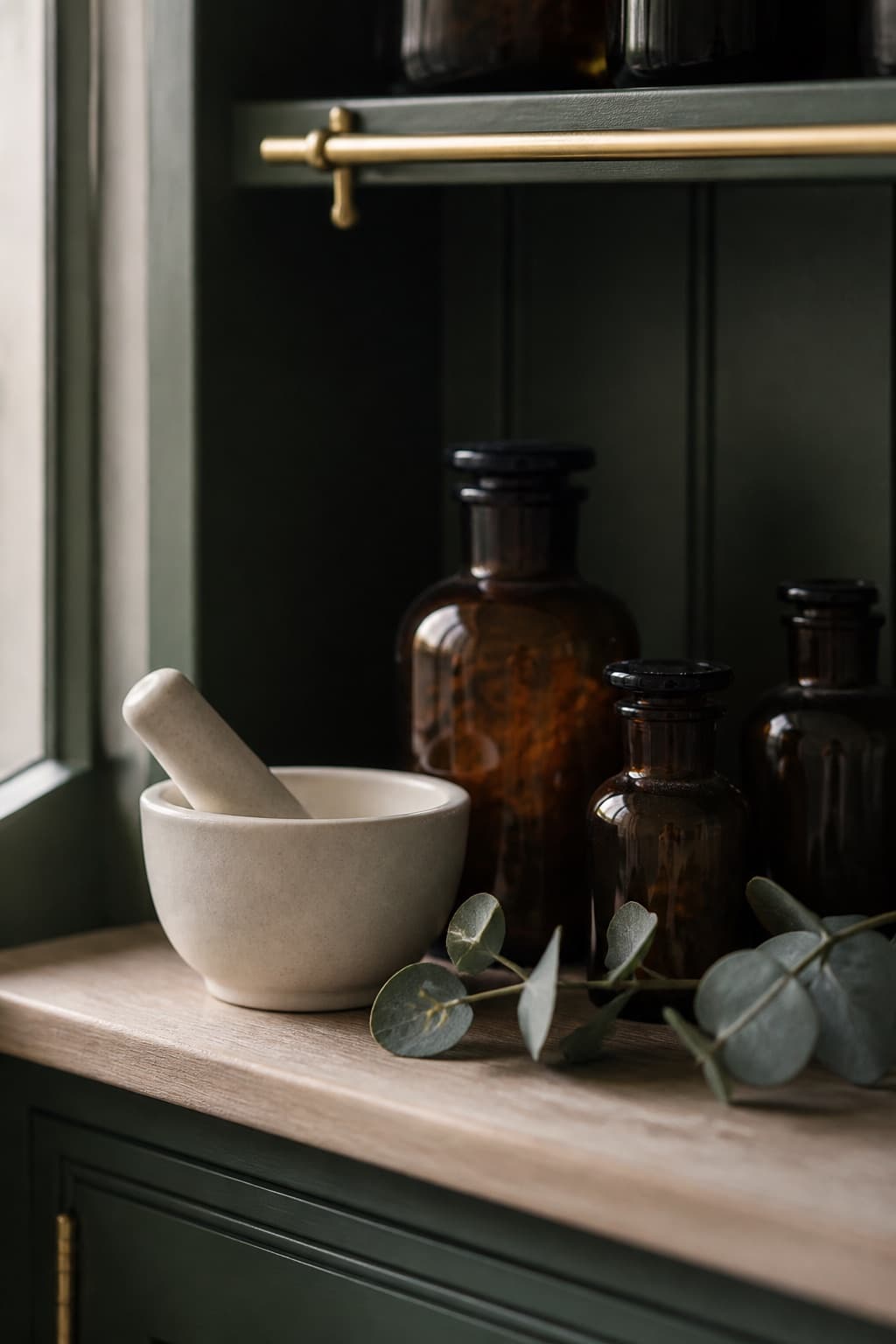 Amber dispensary bottles and a mortar and pestle on a timber shelf