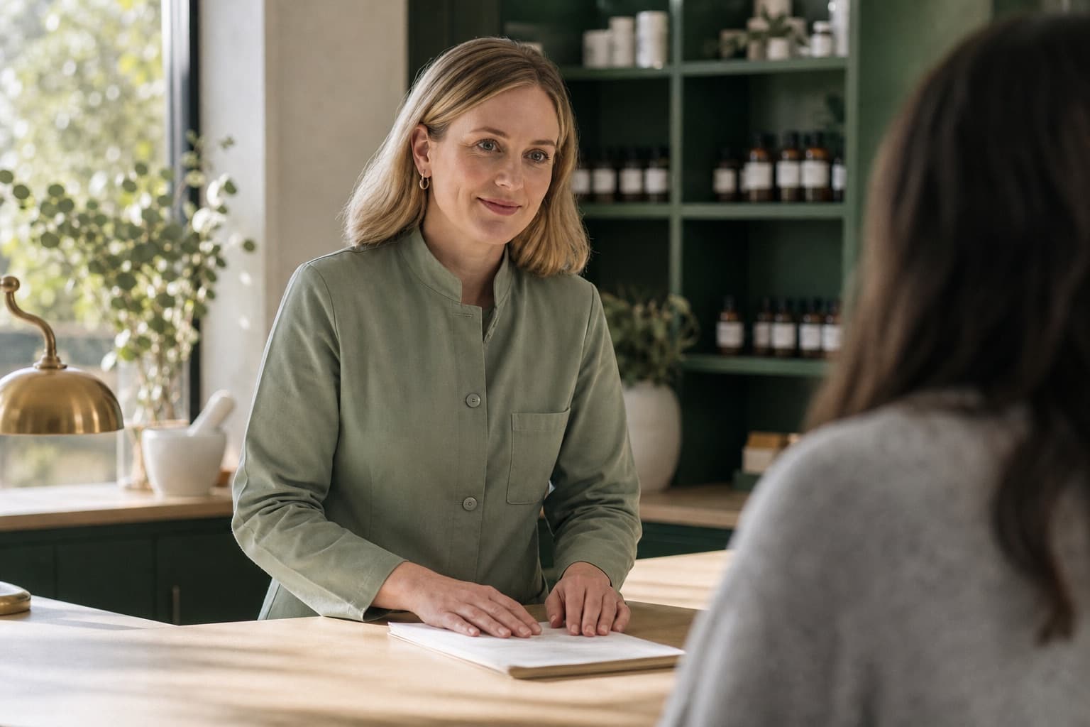 A pharmacist reviewing a prescription with a patient at the dispensing counter