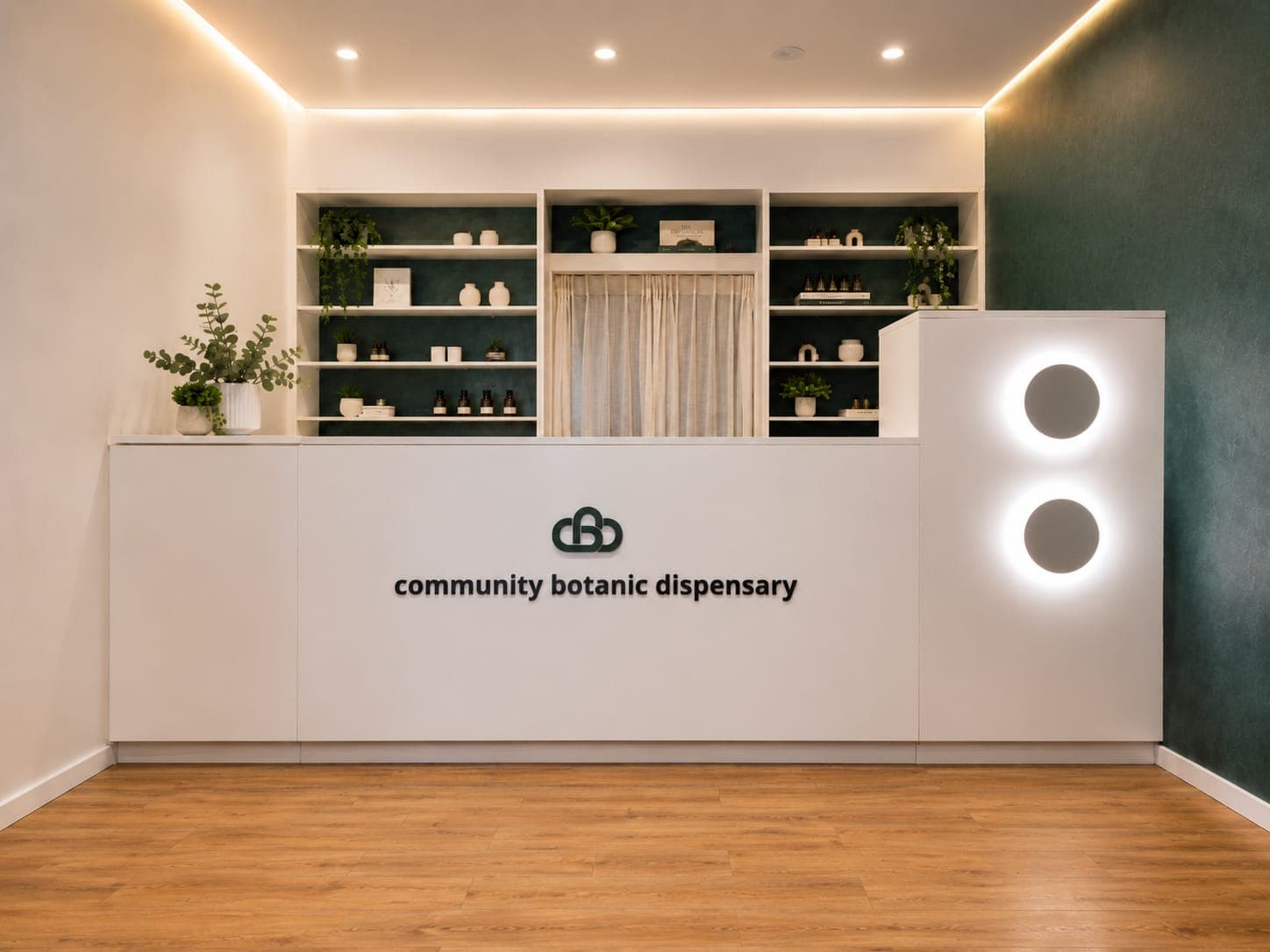 The community botanic dispensary counter and dispensary shelving