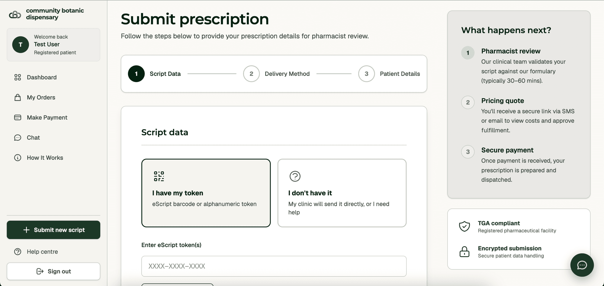 The submit prescription screen, showing the eScript token field and the three step progress bar.