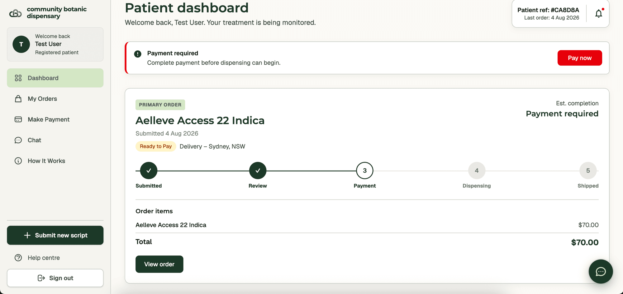 The patient dashboard, showing an order marked ready to pay with its itemised total and progress tracker.