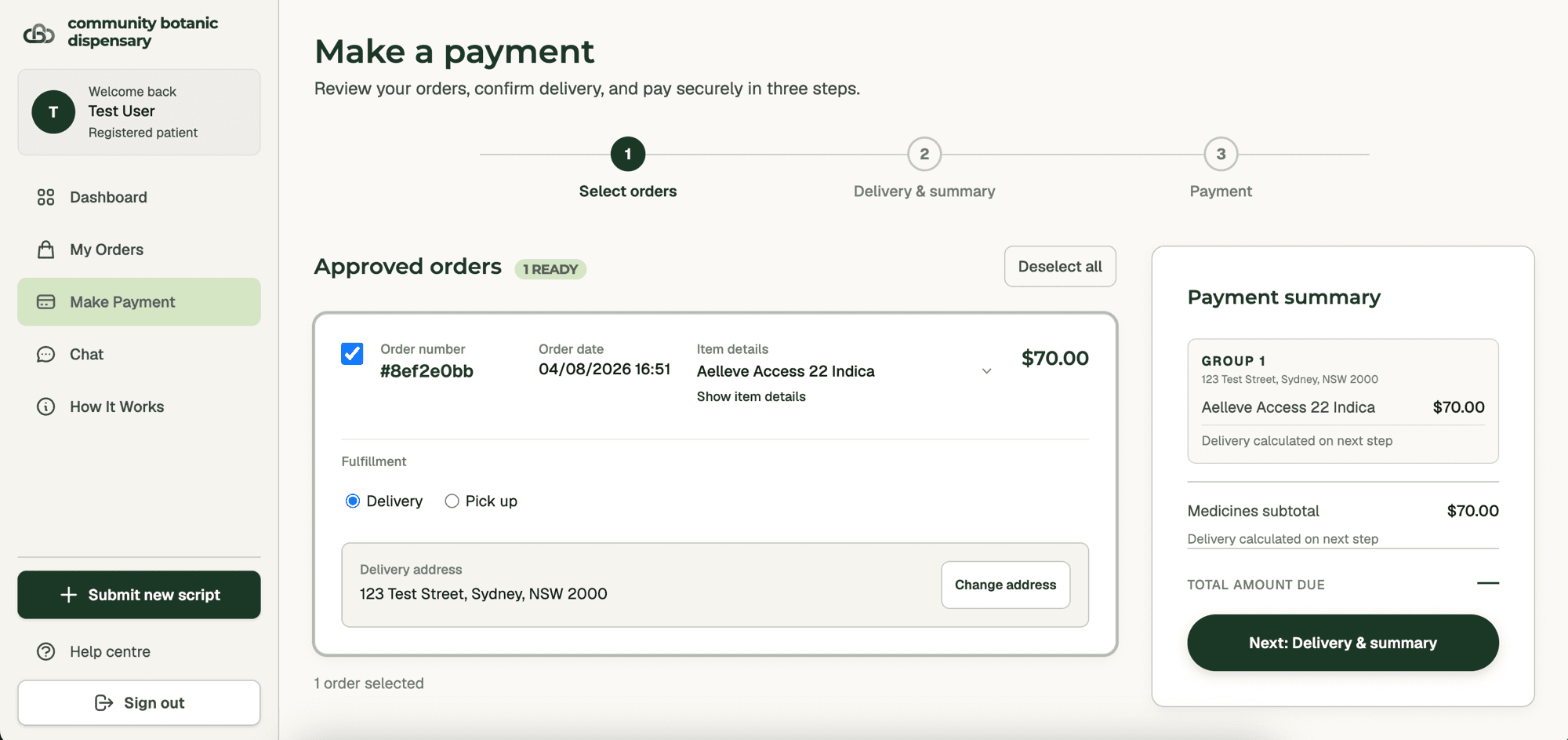The make a payment screen, showing a selected order, pickup collection point and the payment summary.