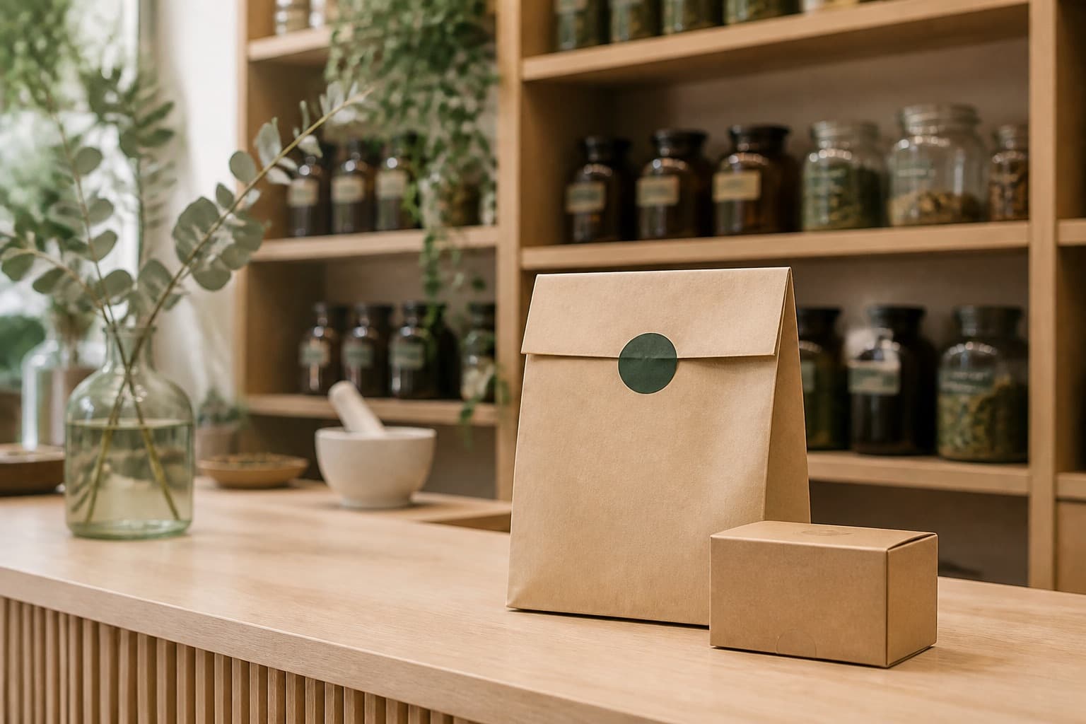 A packed prescription order on the pharmacy counter, ready for pickup or dispatch.