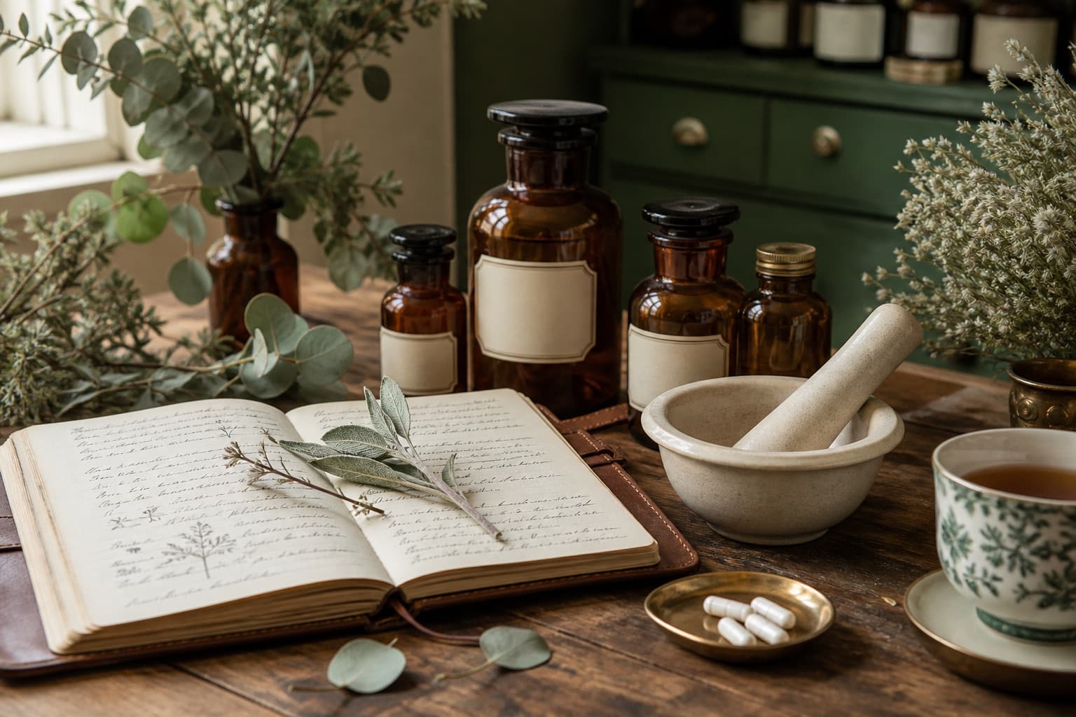Clinical still life with amber medicine bottles, a notebook, and botanical sprigs on a pharmacy table